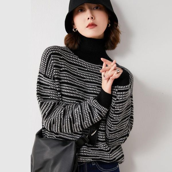 

women's sweaters sweater women knitted turtleneck pullovers casual soft jumper fashion long sleeve striped warm 2021 autumn winter, White;black