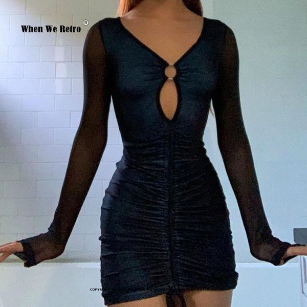 

casual dresses y2k gothic mesh black bodycon mini e-girl grunge long sleeve pencil women dress drawstring partywear 2021 vd2164, Black;gray