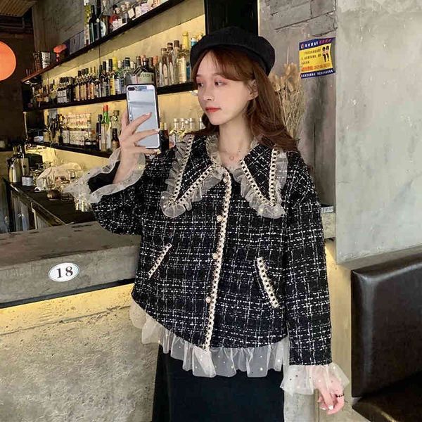 

women's jackets fancy pan peter jacket, korean-style chess, tweed, women, autumn, mixed mesh, frilly, long sleeve, vintage wool cut jac, Black;brown