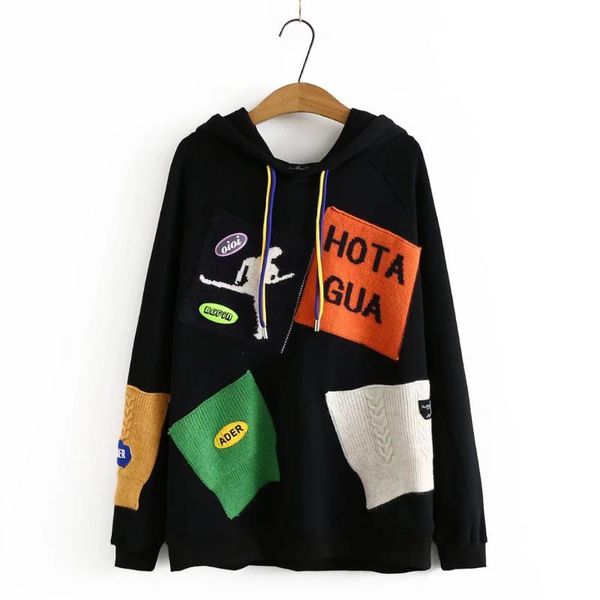 

women's hoodies & sweatshirts plus size hooded wool patch designs loose 2021 fashion black gray autum winter pullover woman clothes