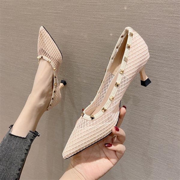 

5196-1 rivet french high 's 2021 black hollow out breathable pointed thin middle heel