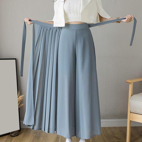

women's pants & capris 2021 spring summer style korean women pleated chiffon trousers plus size high waist hakama casual wide leg panta, Black;white