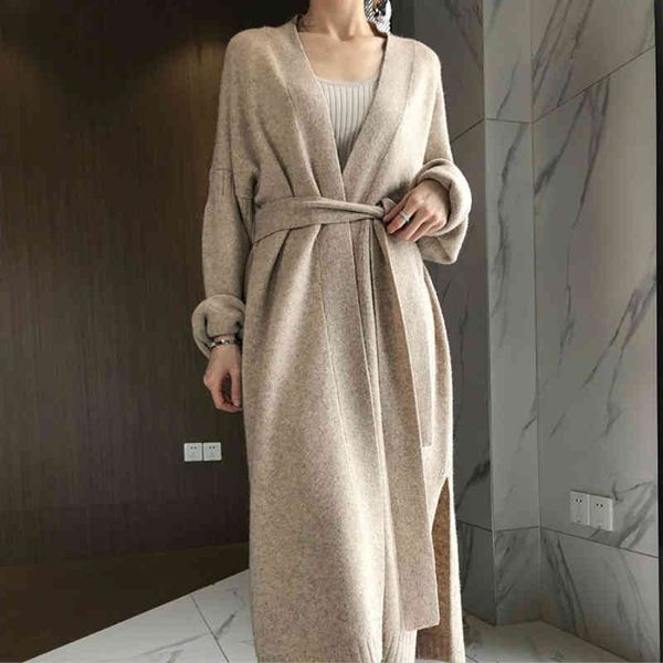 

women's wool & blends women autumn winter long cashmere knitted cardigan sweater sashes open stitch oatmeal color split hem crochet out, Black