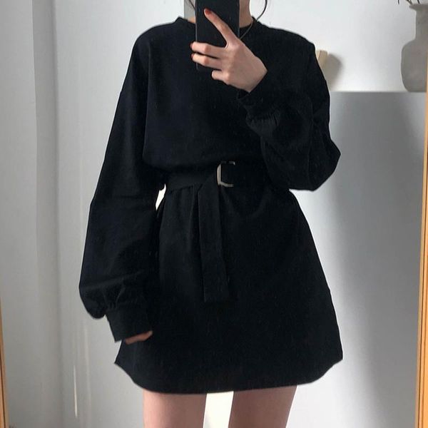 

casual dresses long sleeve dress women 7 colors spring autumn korean style ladies solid color loose t shirt with belt ns1272, Black;gray