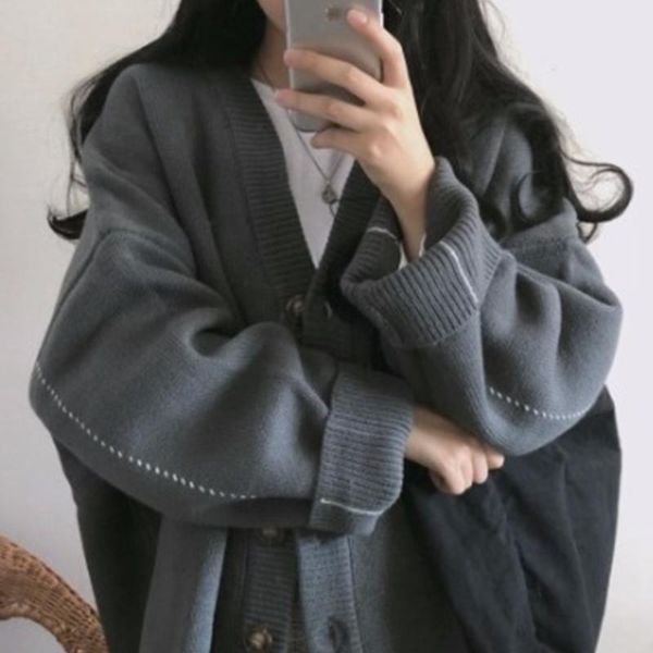 

women's knits & tees retro fashion v-neck loose thick warm cardigan autumn and winter long-sleeved knitted sweater, White