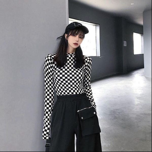 

lattice woman tshirts autumn fashion women 2021 korean style print t shirt kpop streetwear slim long sleeve, White