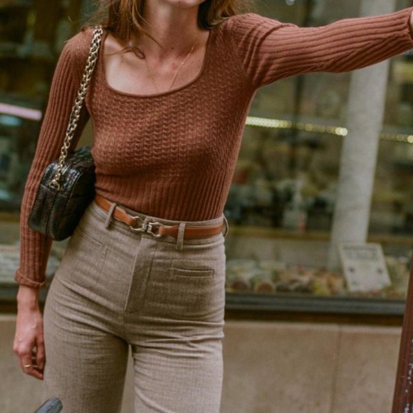 

women's sweaters autumn sweater solid color square collar long sleeve 2021 slim knit, White;black