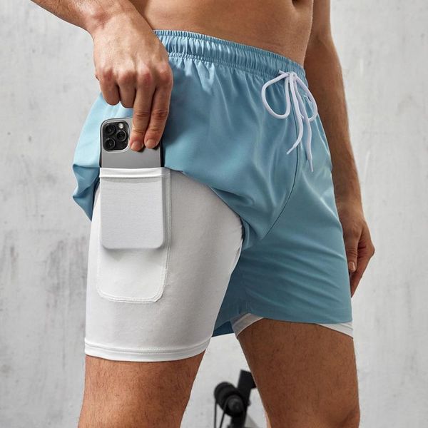 

running shorts sport jogger men 2 in 1 formfitting mesh soft fabric gym fitness workout beach athlete track short pants trunks, Black;blue
