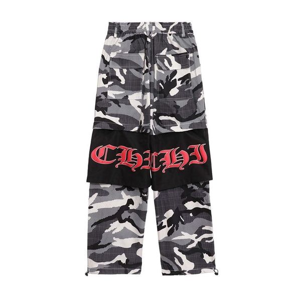 

men's pants hip hop style drawstring feet color match streetwear cargo mens and womens 2021 straight camouflage baggy trousers, Black