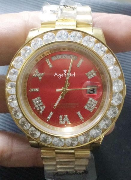 

wristwatches men daydate gold big diamond rome red black automatic mechanical stainless steel sapphire day-date watch 44mm, Slivery;brown