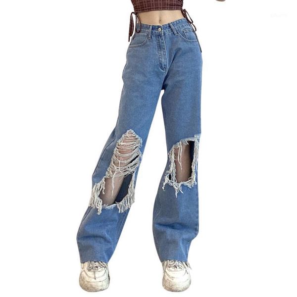 

high waist jeans women's fashion loose destroyed hole denim mopping pants casual vintage wide leg trousers, Blue