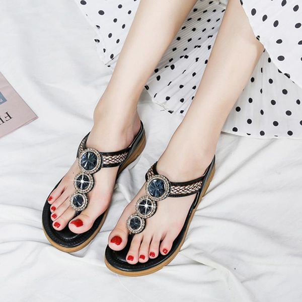 

slippers women's bohemian thick bottom flip flops bling decoration open toe shoes fashion slip-on outdoor sandals summer, Black