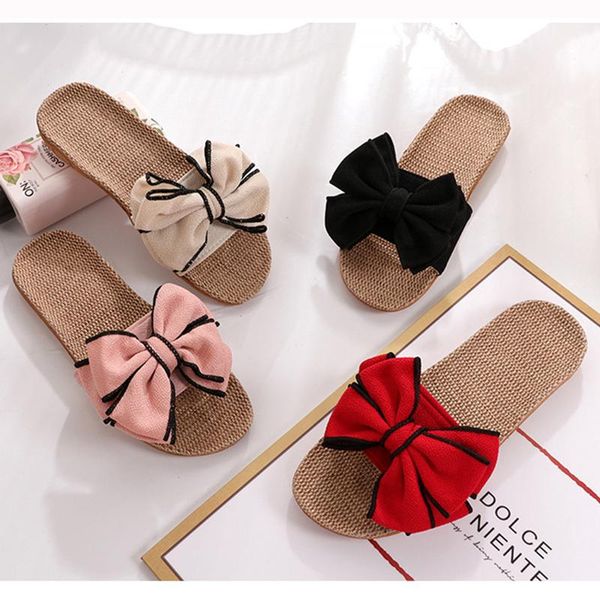 

women sandal slides butterfly knot home slippers summer cool eva slipper linen belt slide female embroidered floral sandals casual fashion d, Black