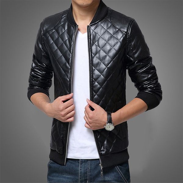 

2021 new autumn and winter men's stand collar clothes fashion korean plaid leather jacket slim fit coat, Black;brown