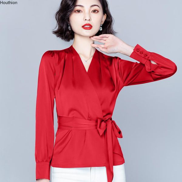

women's blouses & shirts houthion long-sleeved blouse comfortable fashion v-neck korean bow satin leisure summer girl lady blusas, White