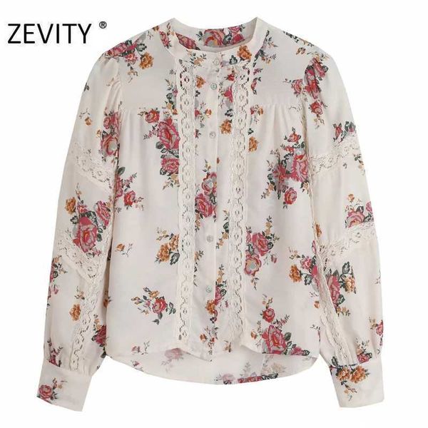 

zevity women elegant lace patchwork printing casual smock blouse office ladies o neck puff sleeve shirts chic blusas ls7104 210603, White