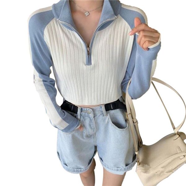 

women's t-shirt hirigin spring women homewear casual club patchwork color turtleneck knitted 2021 fashion ol street zipper short, White