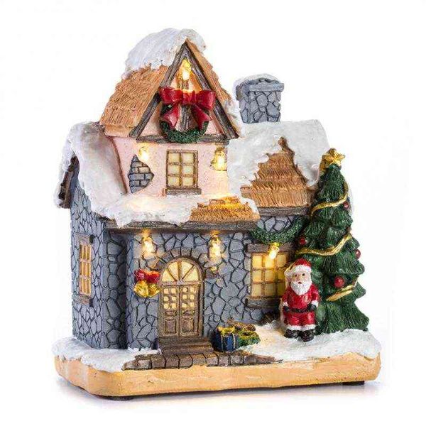 Decorazione natalizia Collezione villaggio Figurine Costruzione casa con Babbo Natale Illuminazione a LED Ornamento per camino domestico