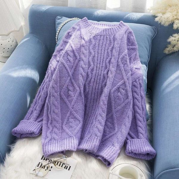 

thickened twist lazy wind autumn and winter purple pullover women's korean version solid color outerwear sweater, White;black