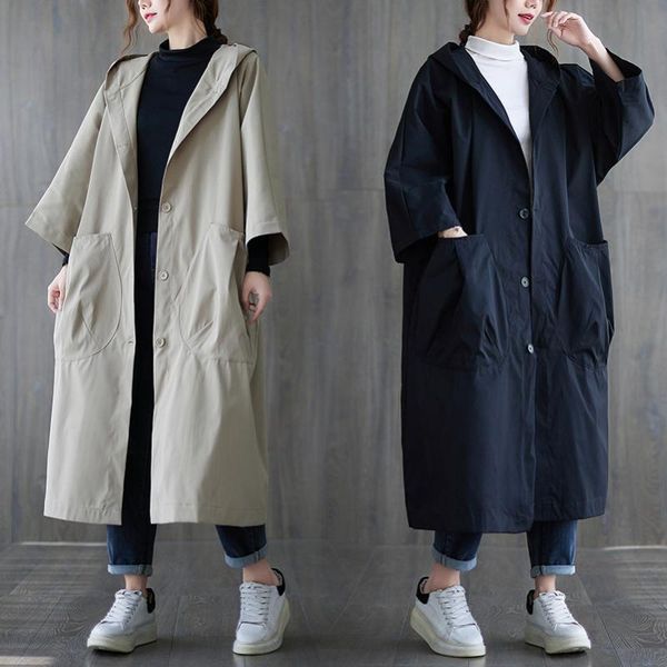 

women's trench coats vanovich european and american loose big size long hooded 2021 autumn winter coat, Tan;black