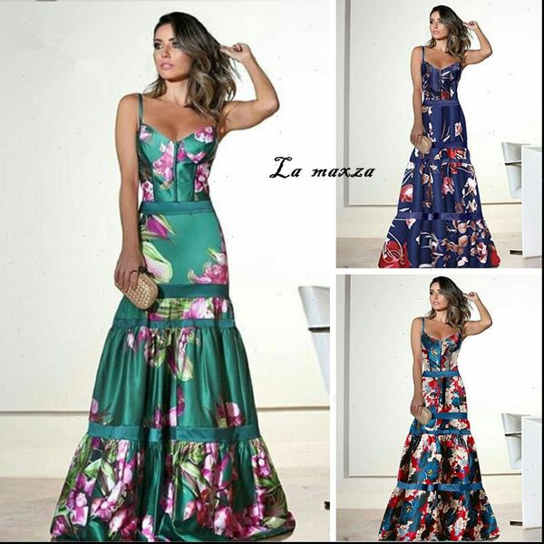 

2021 summer women party dress fashion elegant maxi dress print spaghetti straps dress drop shipping, Black;gray