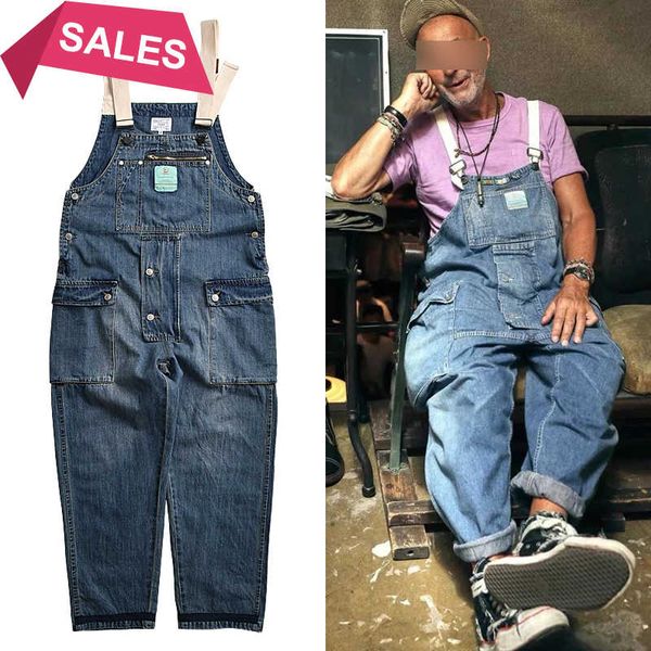 

distressed blue denim overalls men's work cargo pants old school easy chic worker multi-pocket bib trousers men casual dad jeans