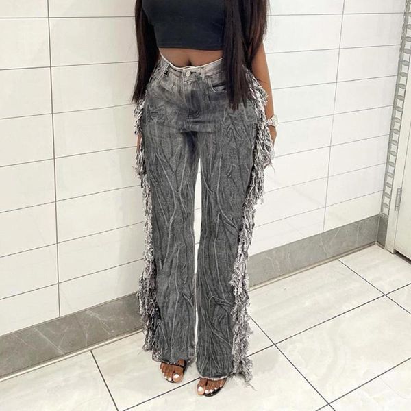 

women's jeans 2021 autumn winter fashion street personality womens high waist tie dye tassel design casual women long trousers, Blue