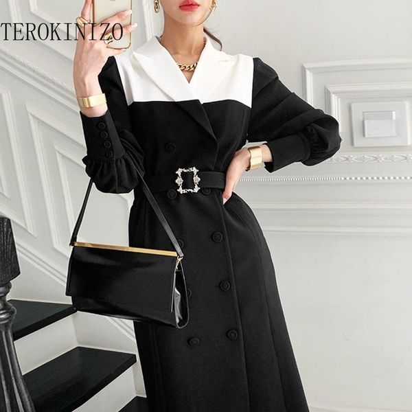 

casual dresses terokinizo korean chic autumn dress women notched collar slim waist double breasted long sleeve elegant with belt, Black;gray