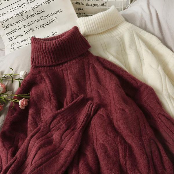 

women's sweaters loose high collar long sleeve versatile knitting autumn and winter linen pattern foreign style pure color sweater, White;black