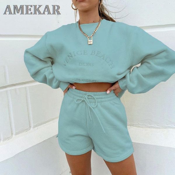 

women's tracksuits letter embroidery women loose casual sweatshirt fleece pullovers and drawstring shorts two pieces set thick tracksui, Gray