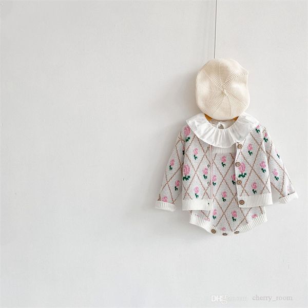 Ins neonate cardigan in maglia autunno infantile piccolo fiore rombo rosa pagliaccetto moda neonato maglieria outwear carino bambini tuta da arrampicata S1537