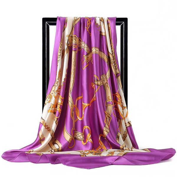 

scarves women all season fashion daily large 90x90cm imitation silk square scarf belt printed hijab office soft gift head shawl, Blue;gray