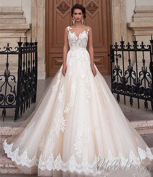 

lace a-line wedding dresses 2021 sheer back light champagne illusion country beach wedding dress bridal gowns custom made vestidos, White