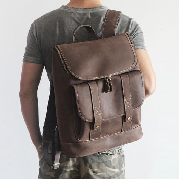 

backpack genuine leather men vintage school large crazy horse travel cow laprucksack