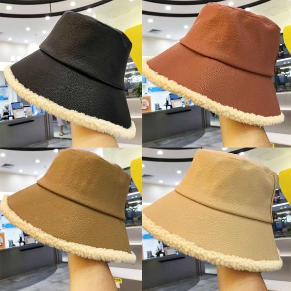 

2021 new fashion autumn winter pu leather bucket hat women thick warm leather plush fisherman hat retro solid color leisure basin cap, Blue;gray