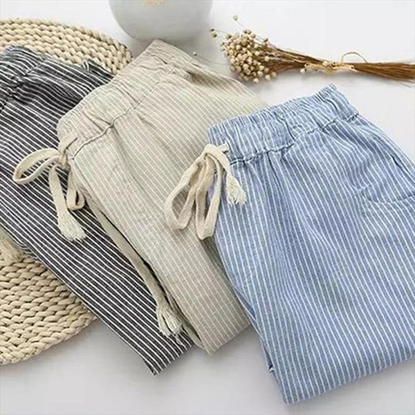

pantalones bombachos de lino women pant para mujer, pantaln holgado informal, a rayas, capris, verano y otoo, marca novedosa, Black;white