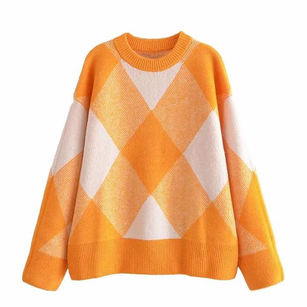 

women's sweaters 2021 women vintage round neck orange argyle jacquard sweater female loose casual pullover long sleeve chic top, White;black
