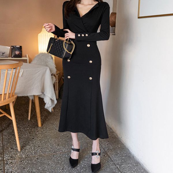 

autumn spring fashion thick solid formal trumpet new arrival double breasted work style elegant vintage long mermaid dress 9tvf, White;black