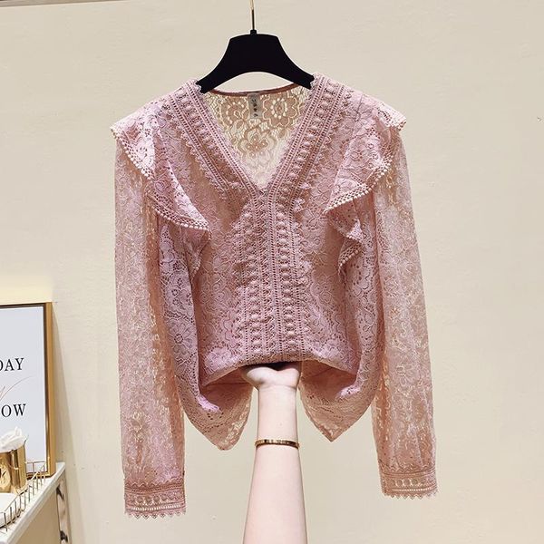 

women's blouses & shirts v neck ruffles lace blouse spring 2021 fashion chiffon shirt female crochet hollow out blusas, White