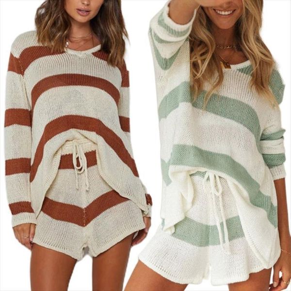 

2 piece knitted sweater outfits women tracksuits long sleeves loose drawstring waist shorts pajamas stripes home loungewear, Gray