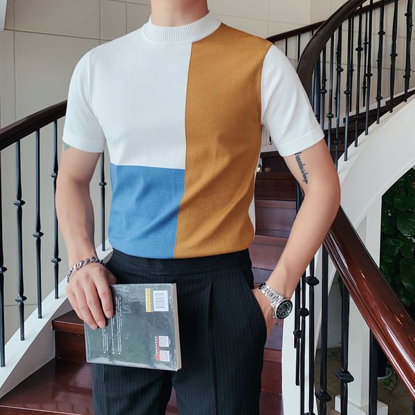 

2021 new british style winter high fashion collar short knitted shirt men's clothing shredded t-shirt homme cvna, Black;brown