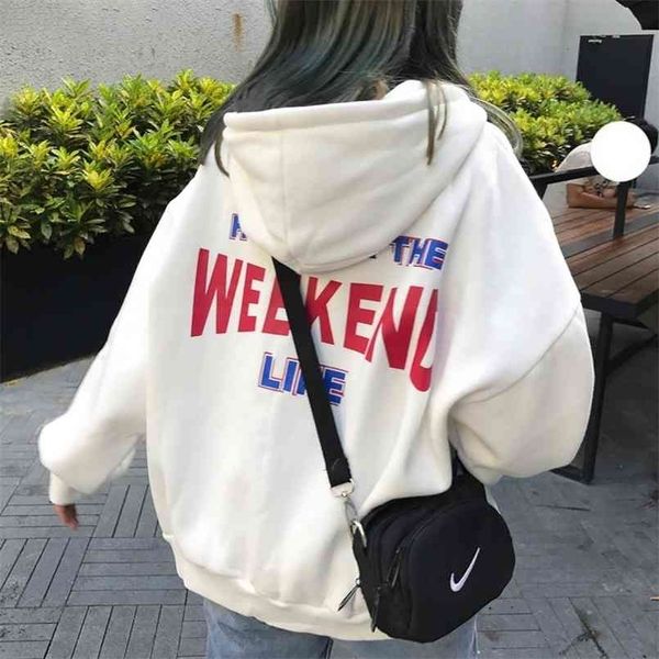 

hoodies women hooded plus velvet letter printed loose pockets womens hoodie korean style harajuku all match chic trendy leisure 210813, Black