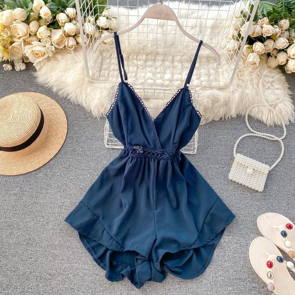 

boho v neck slim 2021 hollow out jumpsuit casual women backless short summer spaghetti strap playsuit beach holiday romper, Black;white