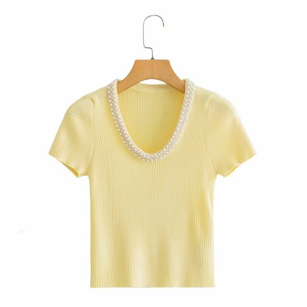 

t shirt 2021 summer women's artificial pearl trim solid color knitting top, White