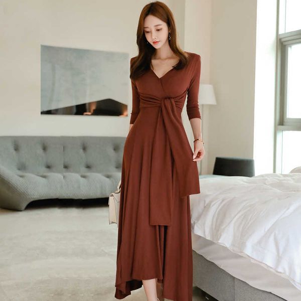

autumn women lace up v-neck long dresses casual sleeve knitted cotton elastically dress ladies vestidos 210529, Black;gray