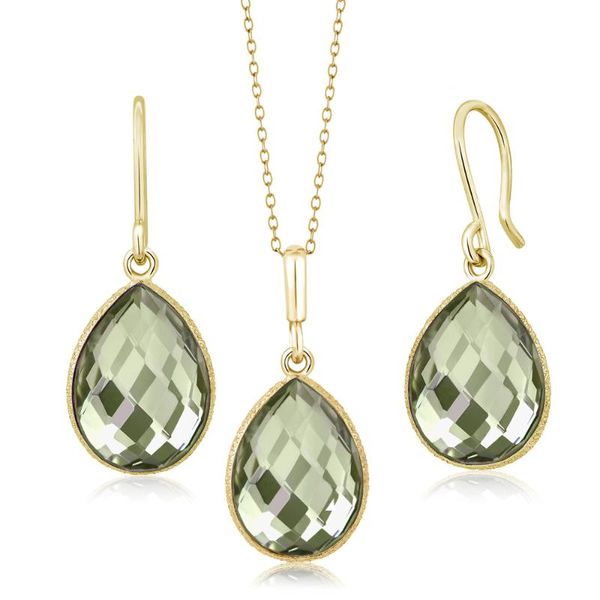 

bracelet, earrings & necklace 925 yellow plated silver 19.50 ct prasiolite pendant set 18" chain, Black