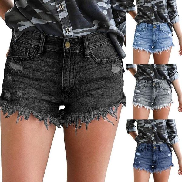 

plus size women stylish summer pockets ripped side slit tassel shorts minipants women jeans short pants lady streetwear, White;black