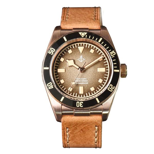

wristwatches hruodland men's retro bronze diver watch 39mm sapphire glass ceramic bezel pt5000/sw200 automatic movement 20atm water res, Slivery;brown