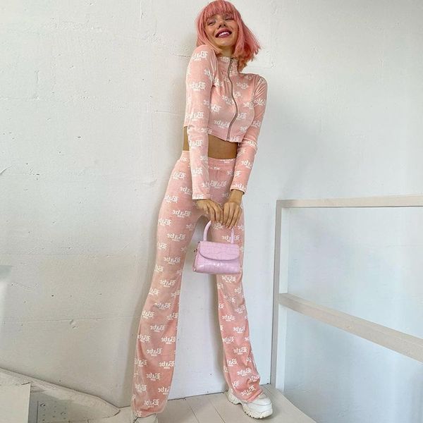 

women's two piece pants y2k women suit fall long sleeve high neck letters print zipper shirt waist loose trousers sets, White