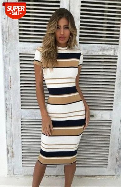 

2020 women casual summer short sleeve striped dress bodycon office work slim party evening formal business midi pencil dress #zy1a, Black;gray